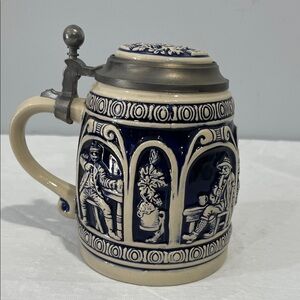 Vintage Gerz Germany lidded ceramic relief stoneware beer stein with pewter lid